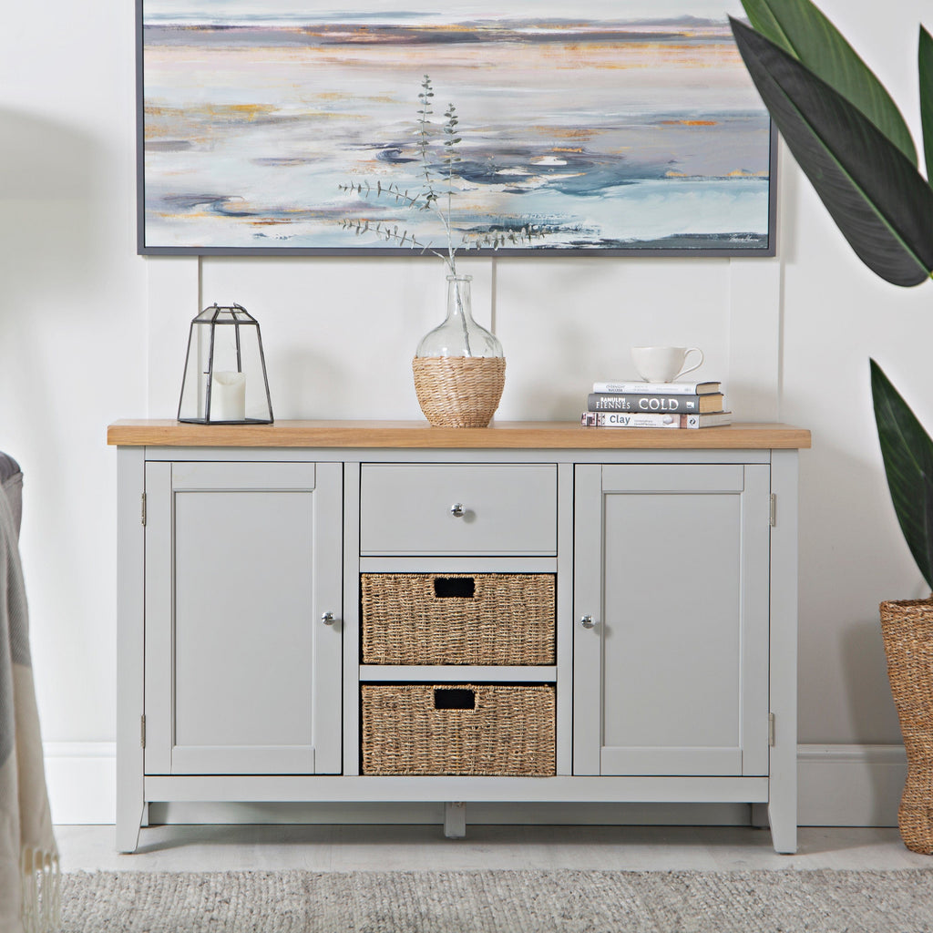 Oak sideboard store with baskets